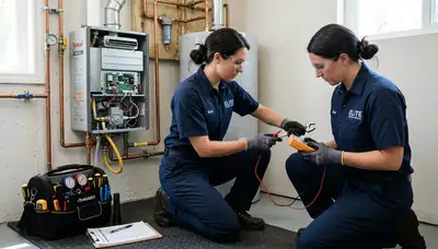 Technician repairing residential water heater in Boston MA for Five Star Cooling service page